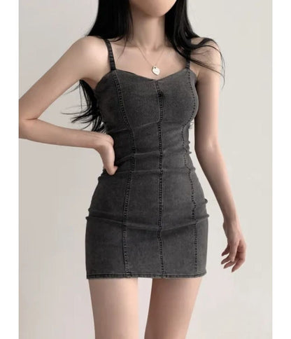 Spaghetti Strap Plain Denim Mini Bodycon Dress mySite