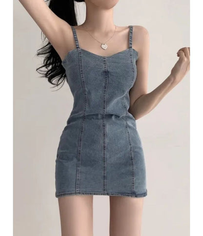 Spaghetti Strap Plain Denim Mini Bodycon Dress mySite