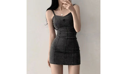 Spaghetti Strap Plain Denim Mini Bodycon Dress mySite