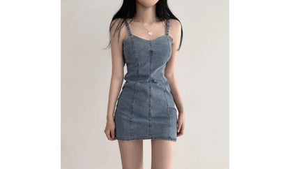 Spaghetti Strap Plain Denim Mini Bodycon Dress mySite