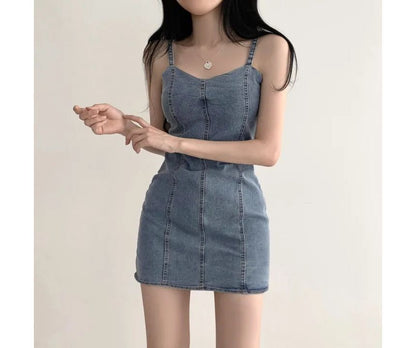 Spaghetti Strap Plain Denim Mini Bodycon Dress mySite