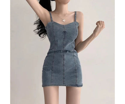 Spaghetti Strap Plain Denim Mini Bodycon Dress mySite