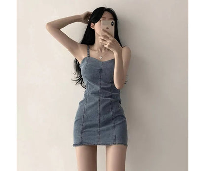 Spaghetti Strap Plain Denim Mini Bodycon Dress mySite