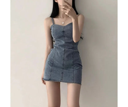 Spaghetti Strap Plain Denim Mini Bodycon Dress mySite