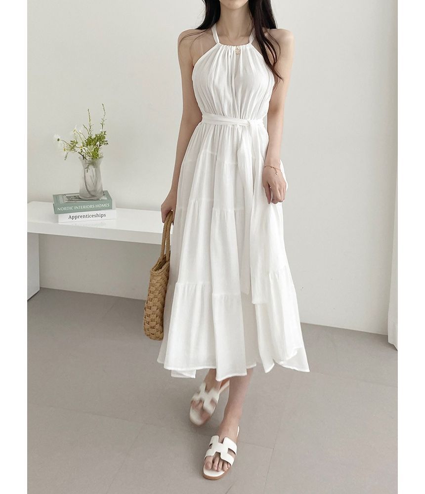 Halter Plain Tiered Midi A-Line Sundress mySite