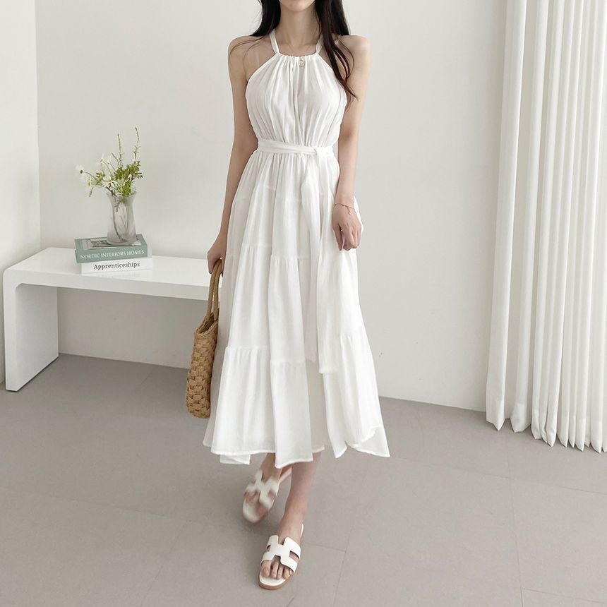 Halter Plain Tiered Midi A-Line Sundress mySite