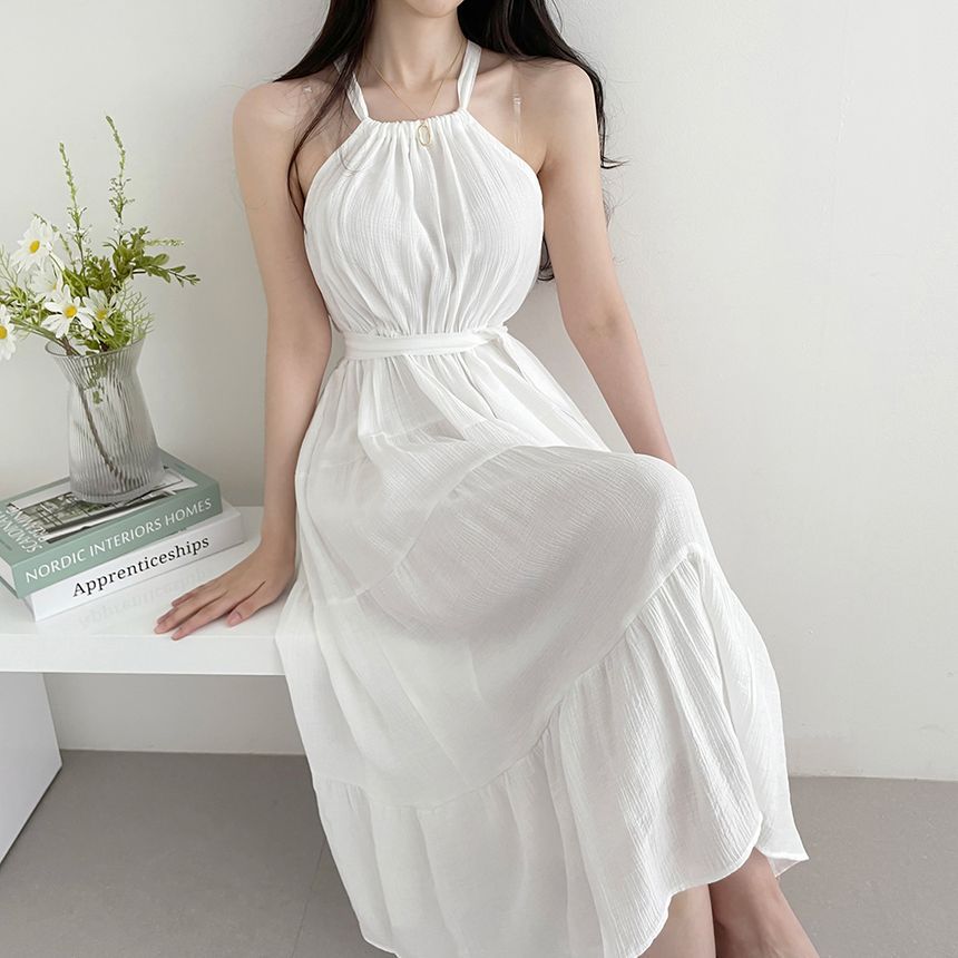 Halter Plain Tiered Midi A-Line Sundress mySite