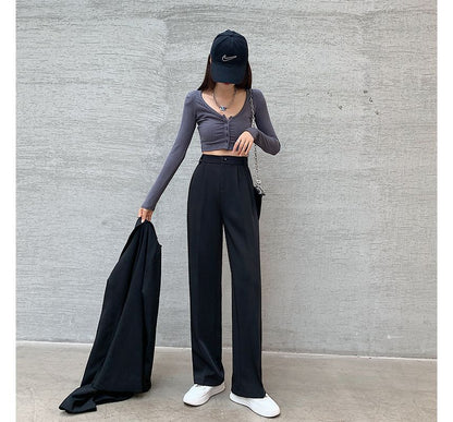 High Rise Plain Wide Leg Suit Pants SpreePicky