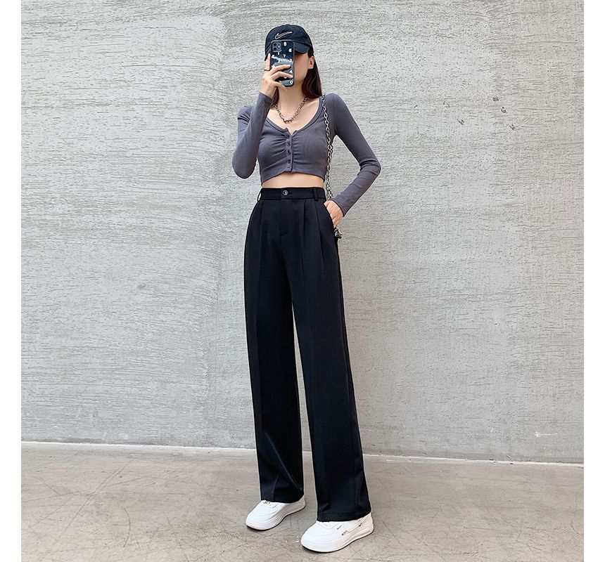 High Rise Plain Wide Leg Suit Pants SpreePicky