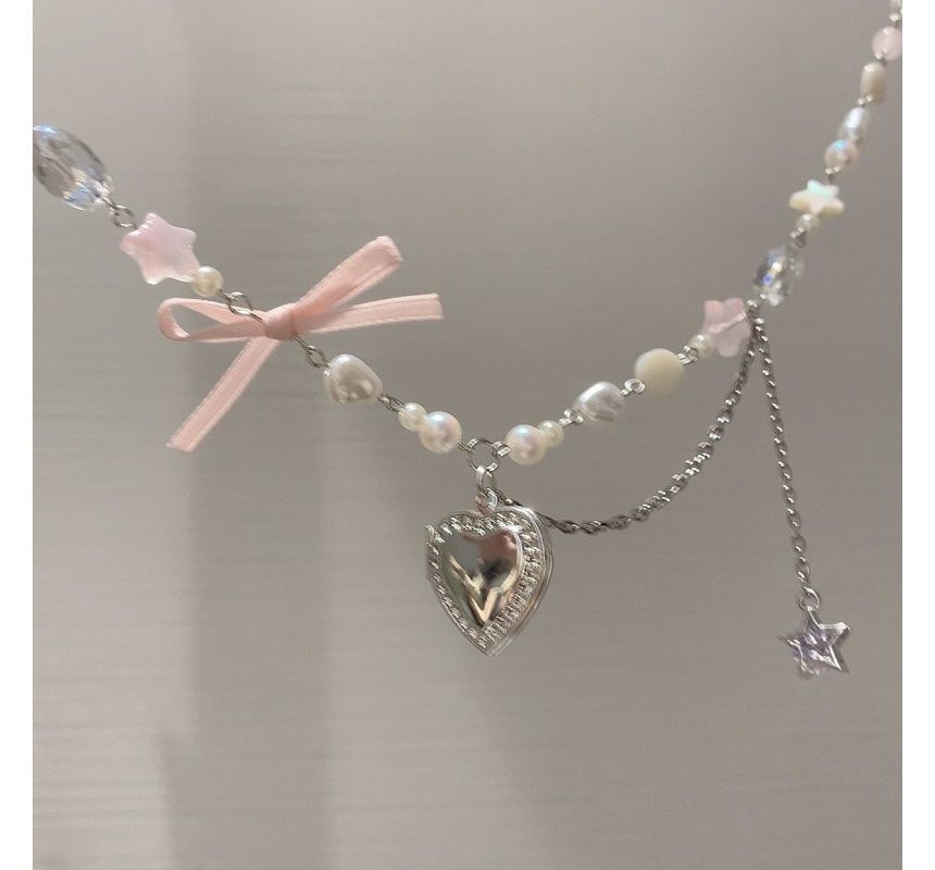 Heart Pendant Bow Faux Pearl Necklace mySite