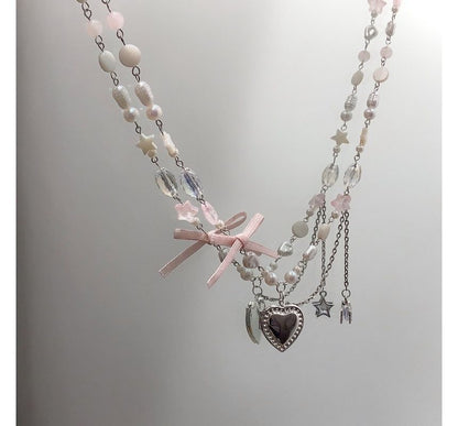 Heart Pendant Bow Faux Pearl Necklace mySite