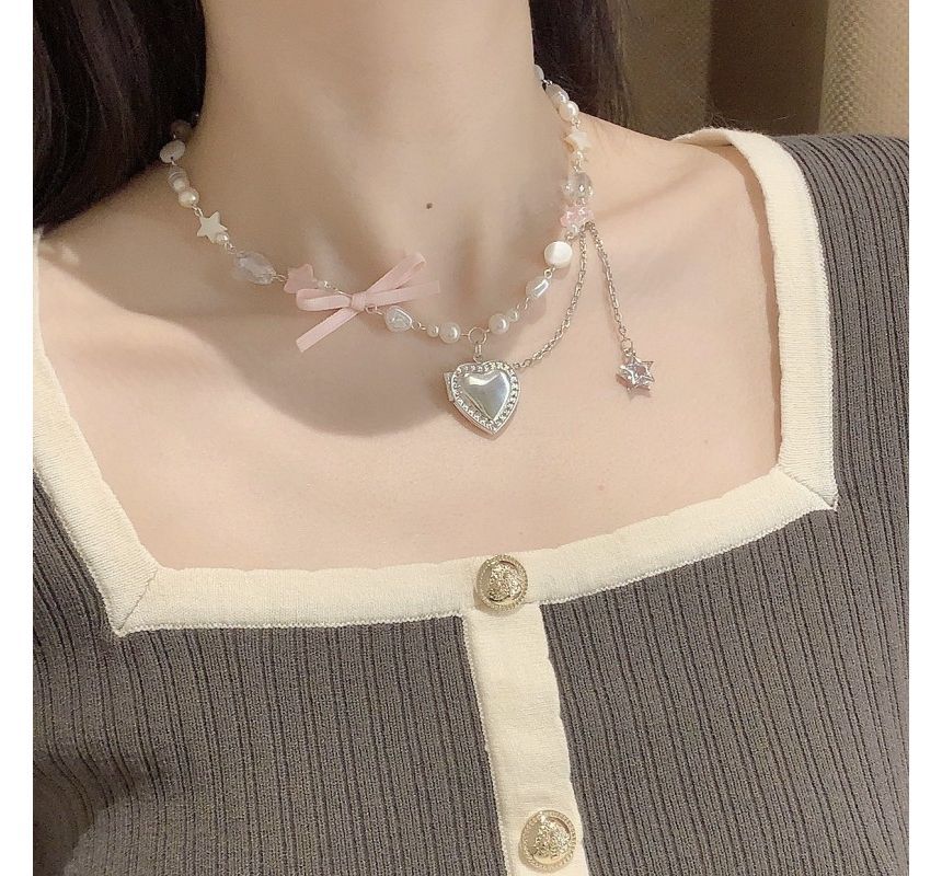 Heart Pendant Bow Faux Pearl Necklace mySite