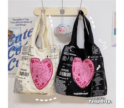 Lettering Cartoon Print Shopper Bag / Bag Charm / Set SpreePicky