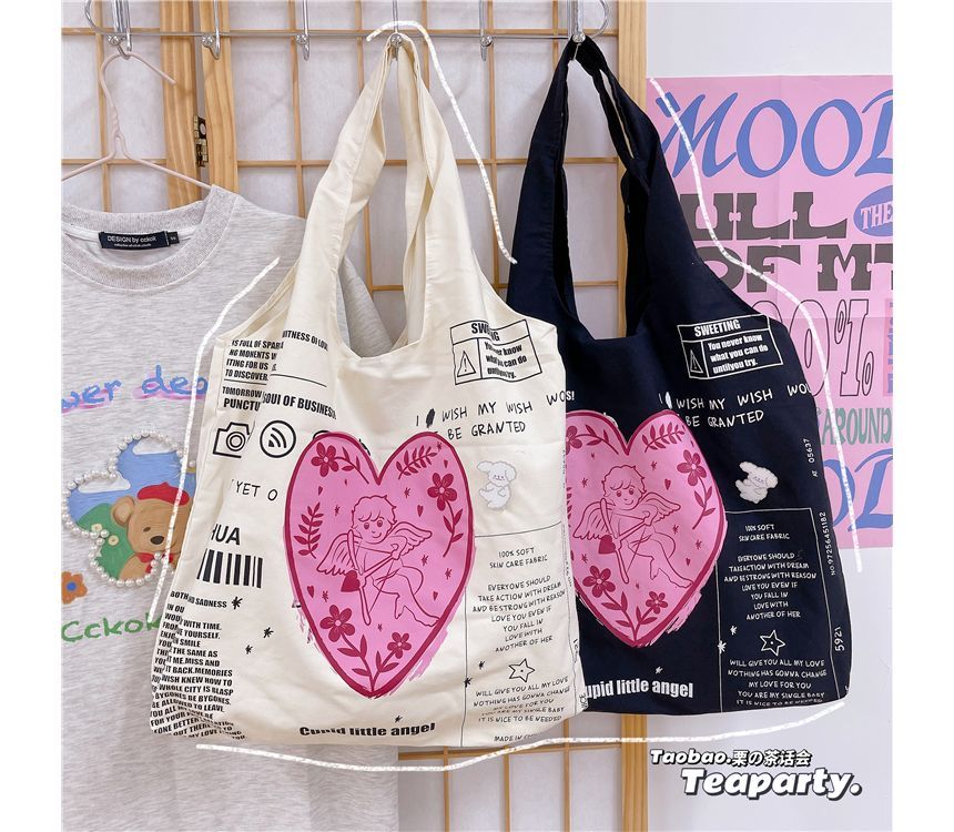 Lettering Cartoon Print Shopper Bag / Bag Charm / Set SpreePicky