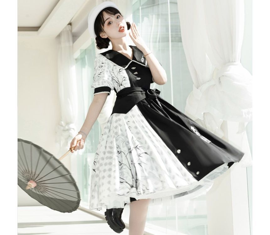 Lolita Short-Sleeve Collared Two Tone Pleated A-Line Dress mySite