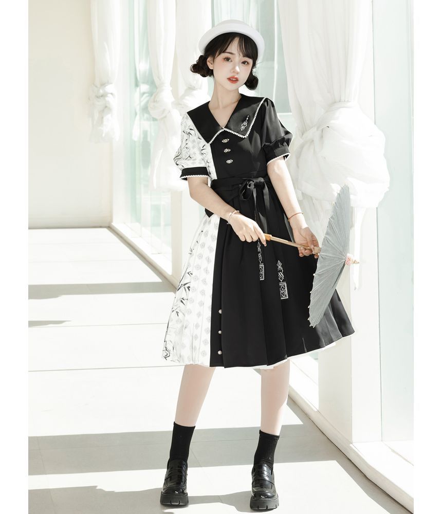 Lolita Short-Sleeve Collared Two Tone Pleated A-Line Dress mySite