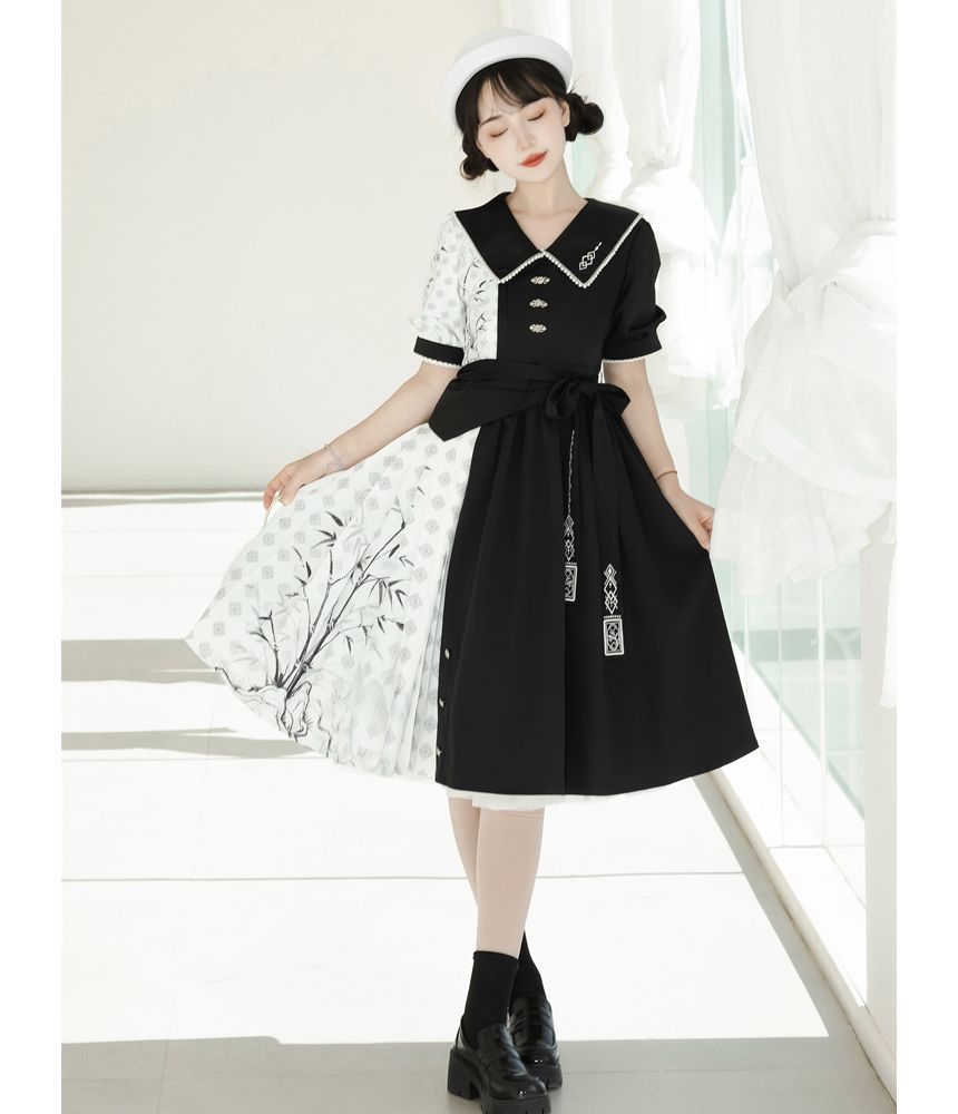 Lolita Short-Sleeve Collared Two Tone Pleated A-Line Dress mySite