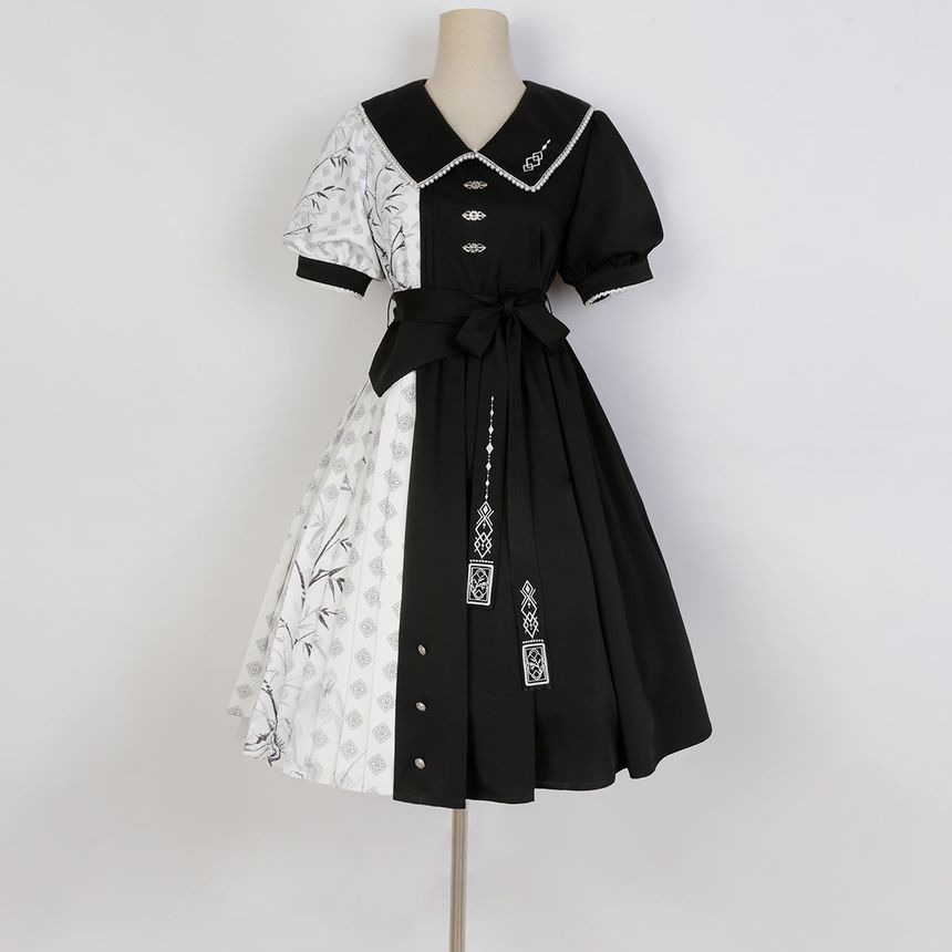 Lolita Short-Sleeve Collared Two Tone Pleated A-Line Dress mySite