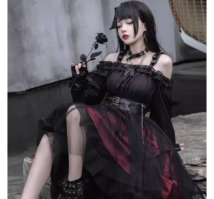 Lolita Long-Sleeve Off Shoulder Top / High Waist A-Line Skirt / Lace Socks (Various Designs) mySite