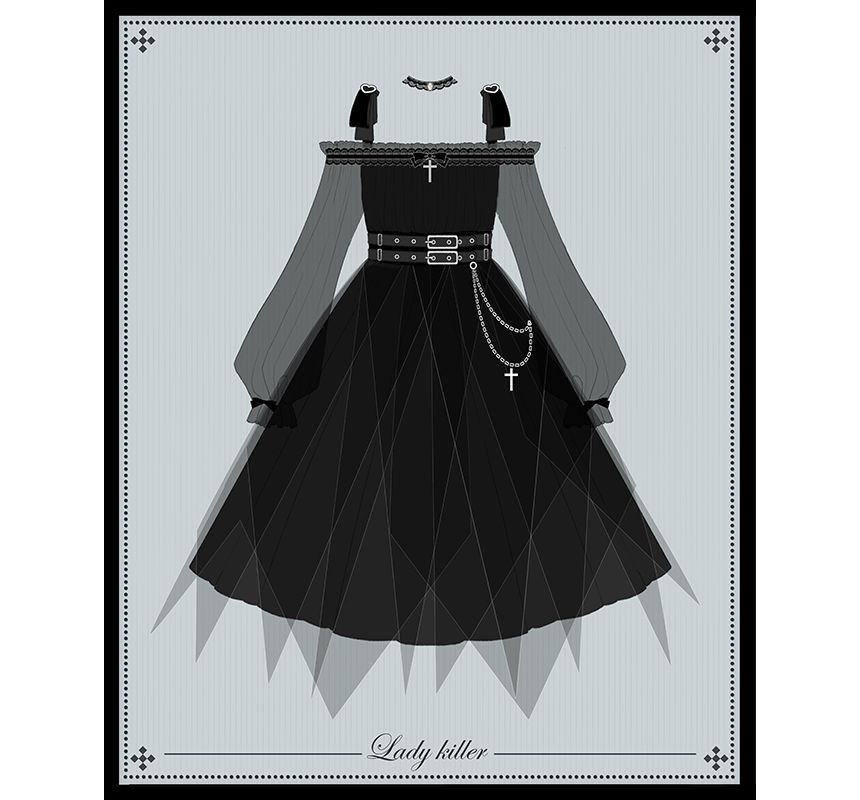 Lolita Long-Sleeve Off Shoulder Top / High Waist A-Line Skirt / Lace Socks (Various Designs) mySite