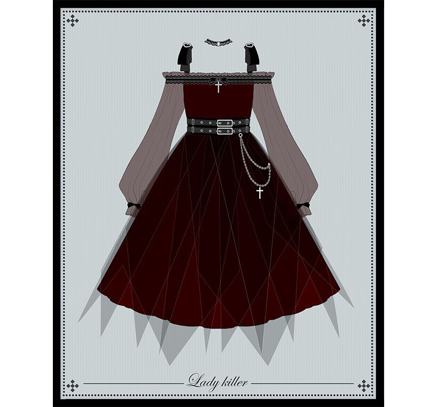 Lolita Long-Sleeve Off Shoulder Top / High Waist A-Line Skirt / Lace Socks (Various Designs) mySite