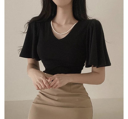 Flare-Sleeve V-Neck Plain Blouse SpreePicky