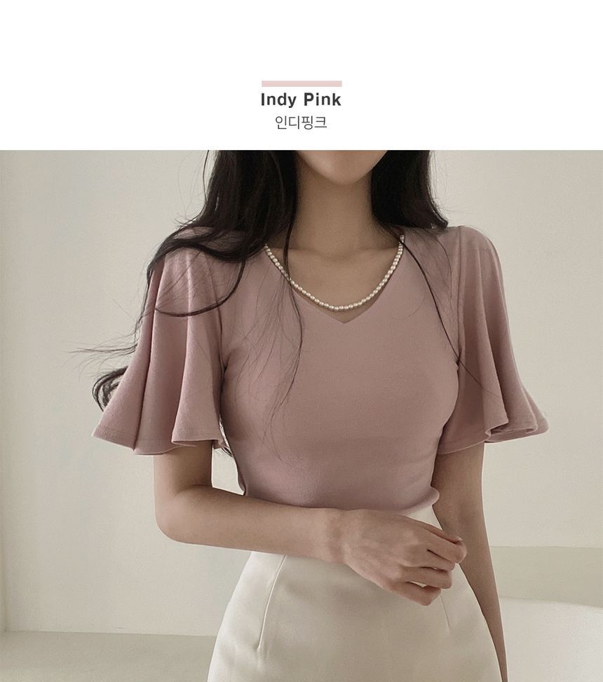 Flare-Sleeve V-Neck Plain Blouse SpreePicky