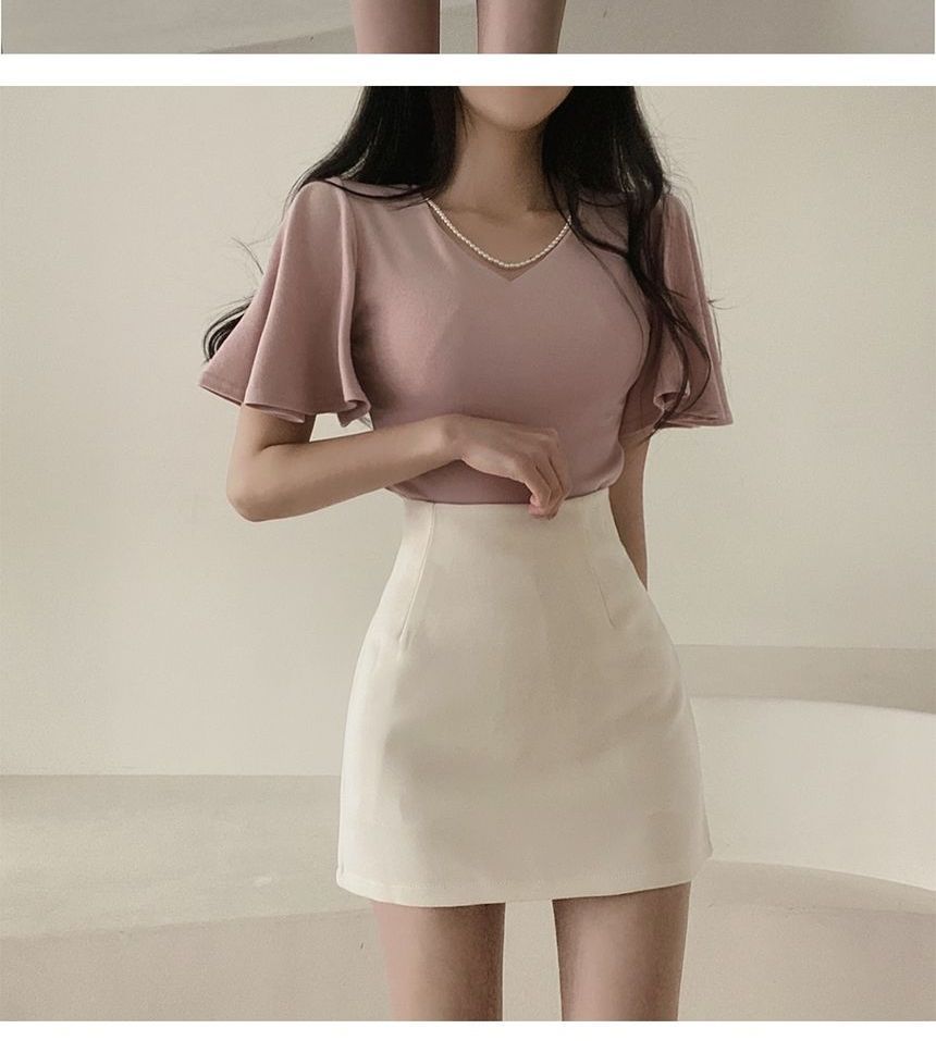 Flare-Sleeve V-Neck Plain Blouse SpreePicky