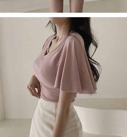 Flare-Sleeve V-Neck Plain Blouse SpreePicky