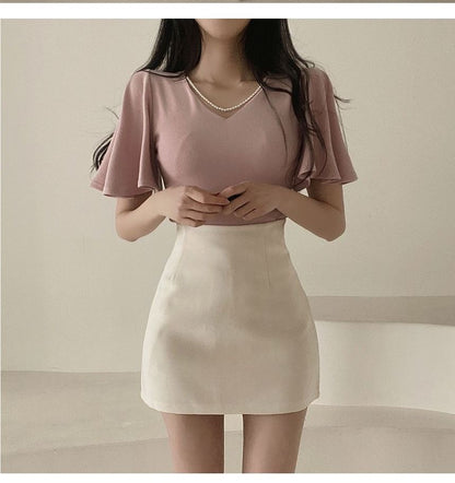 Flare-Sleeve V-Neck Plain Blouse SpreePicky