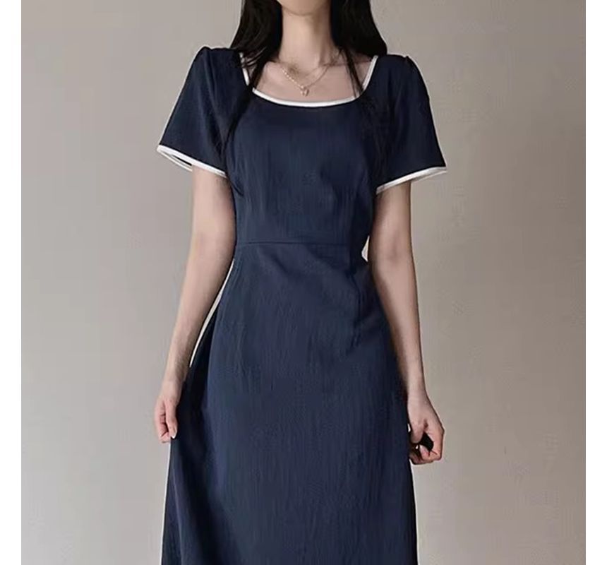 Short-Sleeve Square Neck Contrast Trim Midi A-Line Dress SpreePicky