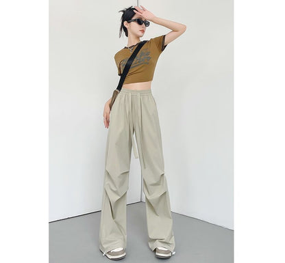 Plain Wide Leg High Waist Parachute Cargo Pants SpreePicky