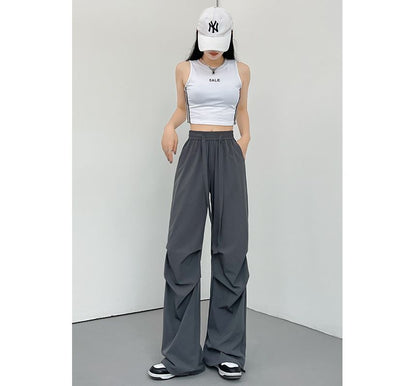 Plain Wide Leg High Waist Parachute Cargo Pants SpreePicky