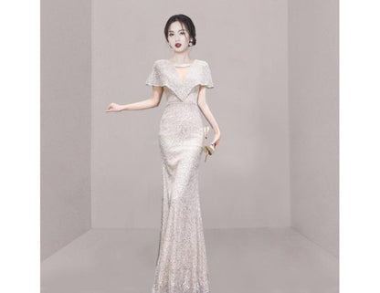 Short-Sleeve V-Neck Plain Mermaid Evening Gown SpreePicky