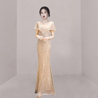 Short-Sleeve V-Neck Plain Mermaid Evening Gown SpreePicky