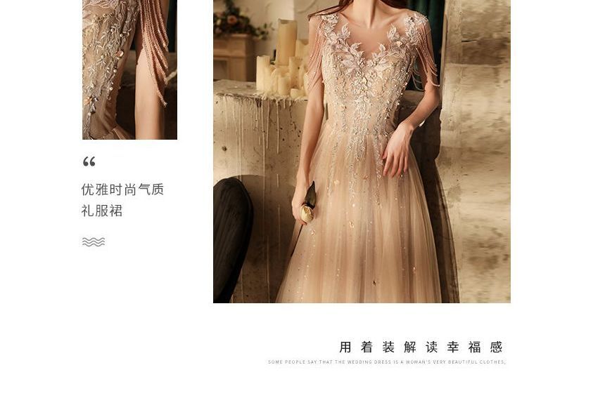 Short-Sleeve V-Neck Lace A-Line Evening Gown SpreePicky