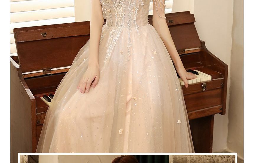 Short-Sleeve V-Neck Lace A-Line Evening Gown SpreePicky