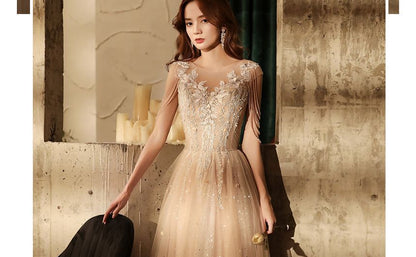 Short-Sleeve V-Neck Lace A-Line Evening Gown SpreePicky