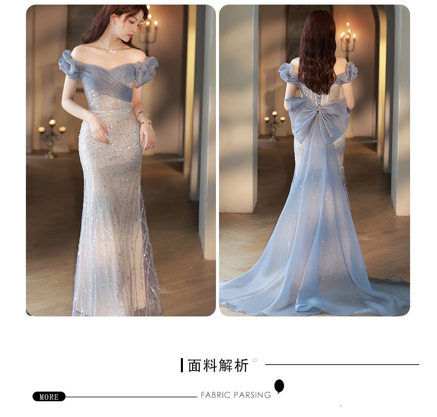 Off Shoulder Mesh Trained A-Line Evening Gown SpreePicky