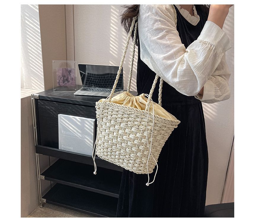 Woven Drawstring Bucket Bag SpreePicky