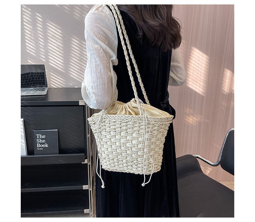 Woven Drawstring Bucket Bag SpreePicky