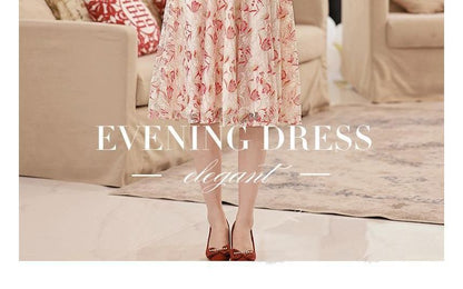 Short-Sleeve Mandarin Collar Floral Patterned Faux Pearl Midi A-Line Cocktail Dress SpreePicky