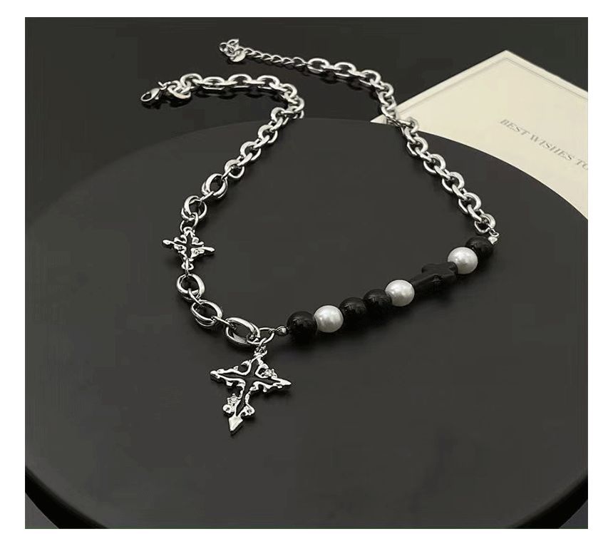 Cross Pendant Faux Pearl Alloy Necklace SpreePicky