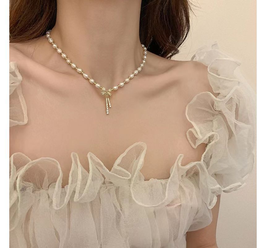 Bow Rhinestone Pendant Faux Pearl Alloy Choker SpreePicky