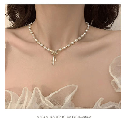 Bow Rhinestone Pendant Faux Pearl Alloy Choker SpreePicky