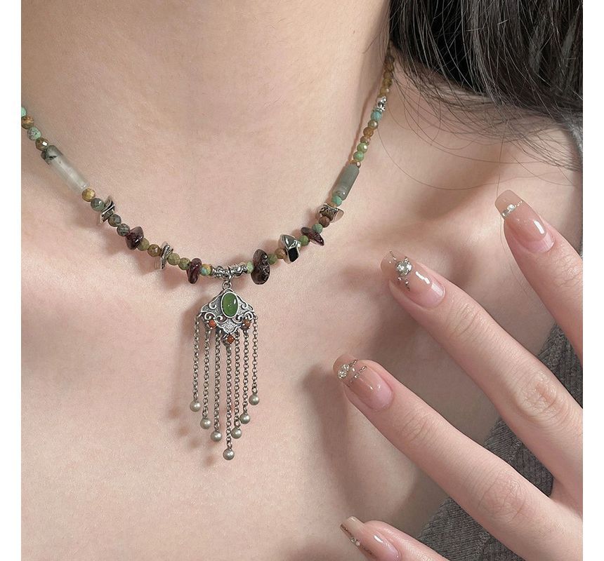 Lock Fringed Pendant Faux Gemstone Alloy Choker SpreePicky