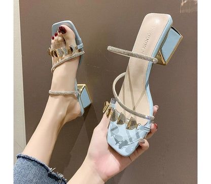 Square-Toe Block Heel Rhinestone Slide Sandals mySite