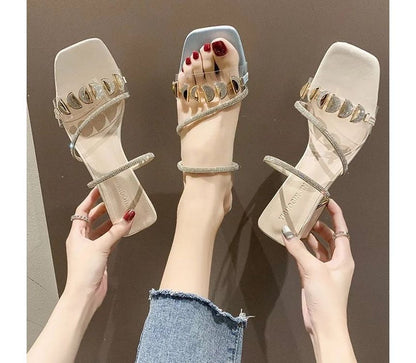 Square-Toe Block Heel Rhinestone Slide Sandals mySite