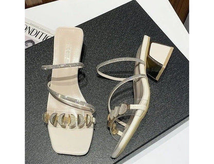 Square-Toe Block Heel Rhinestone Slide Sandals mySite