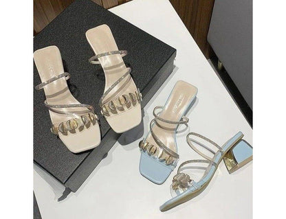 Square-Toe Block Heel Rhinestone Slide Sandals mySite